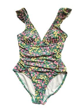 NWT Kona Sol Dark Green Floral Print High Coverage One Pc Swimsuit Sz M 8/10